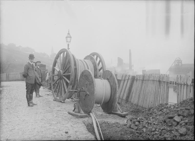 Works photographic negative of cable laying, Ebbw Vale