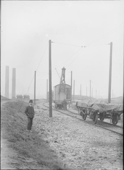 Works photographic negative of electric powered crane