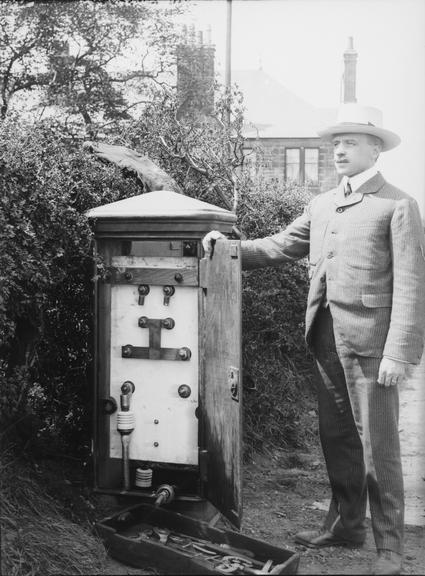 Works photographic negative of a man with terminal pillar