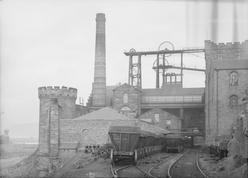 Works photographic negative of pithead winding gear