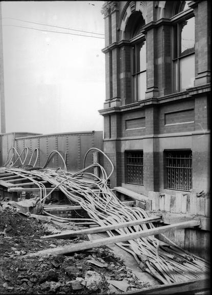 Works photographic negative of cables on bridge, Salford