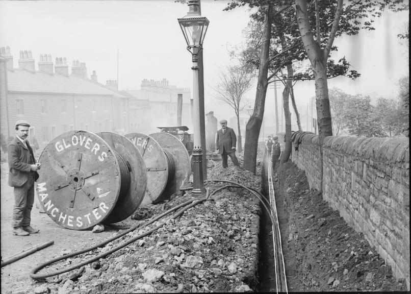 Works photographic negative of men with cable drums, Accrington