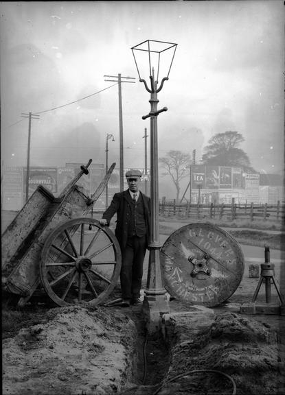 Works photographic negative of a lamp post installation, Trafford Park