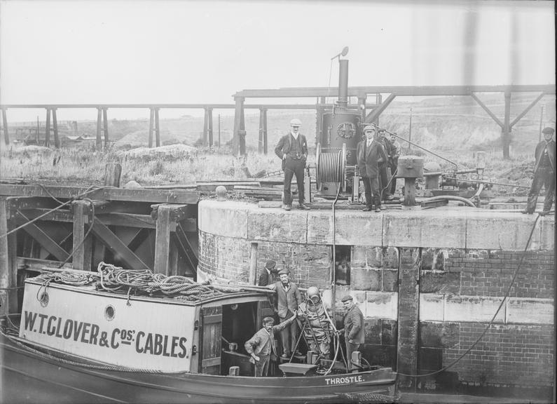 Works photographic negative of diver, Manchester Ship Canal, Weston Point