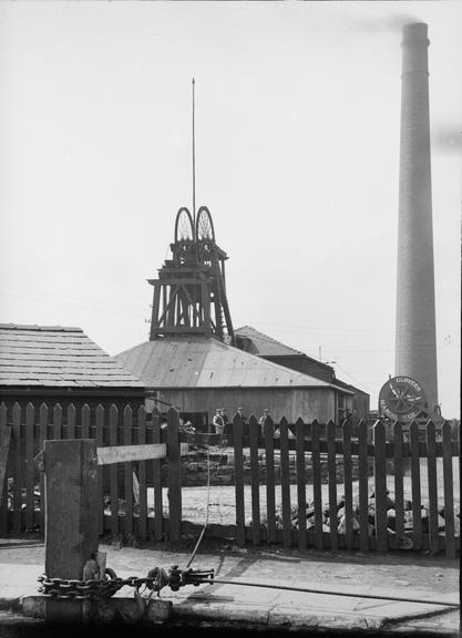 Works photographic negative of anchor post with pulley