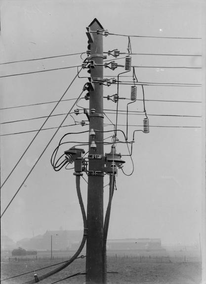 Works photographic negative of overhead transmission line