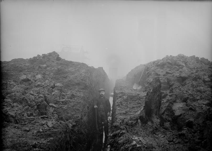 Works photographic negative of flooded trench, Trafford Park