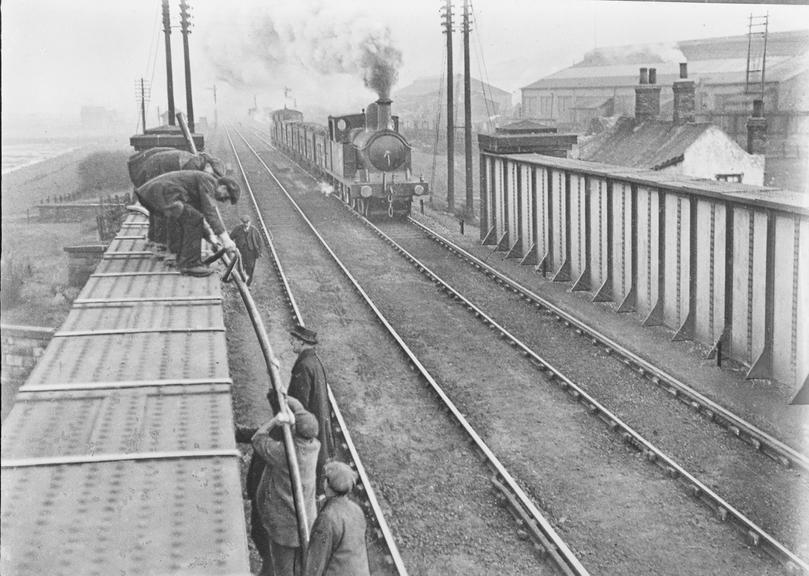 Works photographic negative of cable work on girder bridge