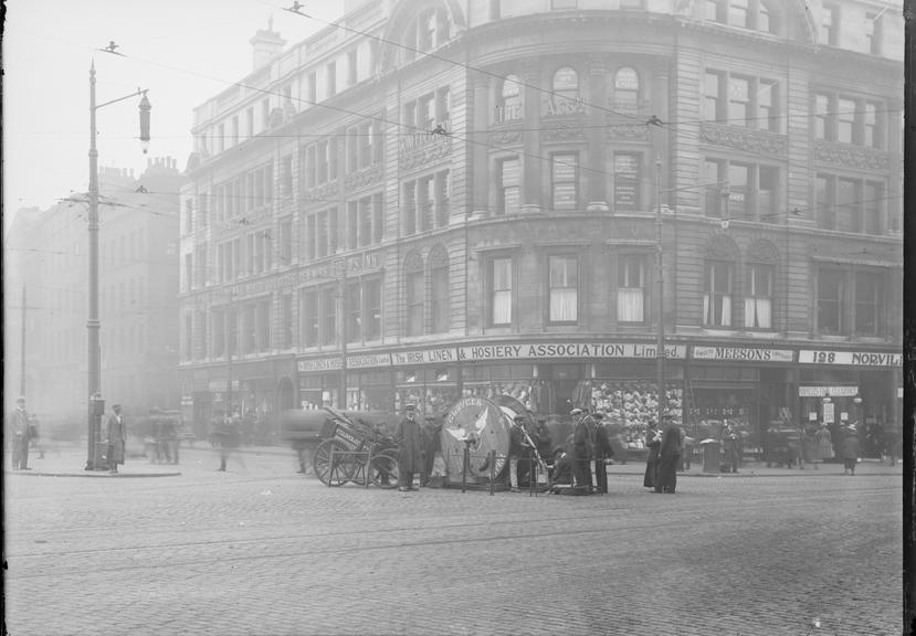 Works photographic negative of cable drum in urban road