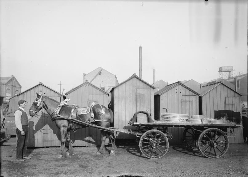 Works photographic negative of man with horse, WT Glover & Co