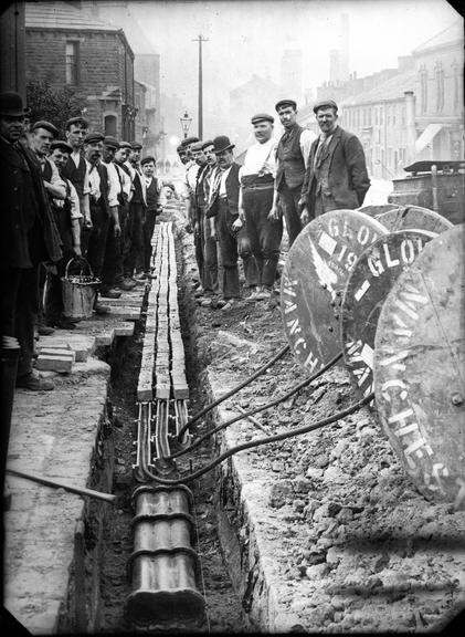 Works photographic negative of cable laying, possibly Brighouse.