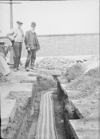 Works photographic negative of cables in troughing, Accrington