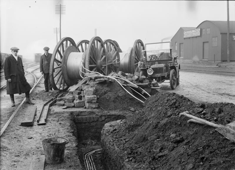 Works photographic negative of turn in trench