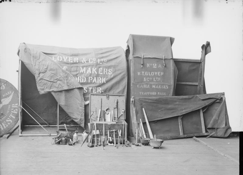 Works photographic negative of Jointers' tents and tool kit