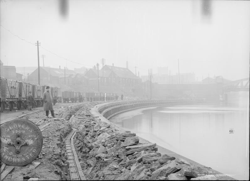 Works photographic negative of cables in troughing, Pomona Dock