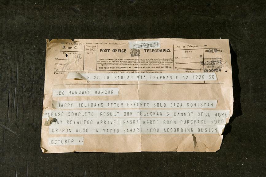 Telegram photographed on the Merchant's desk in the Textiles