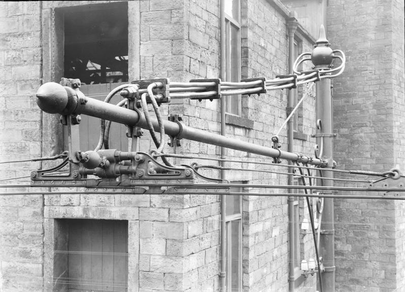 Works photographic negative of overhead supply gear, Rawtenstall