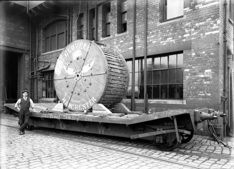 Works photographic negative of cable drum on wagon