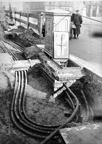 Works photographic negative of cables in manhole, Rochdale