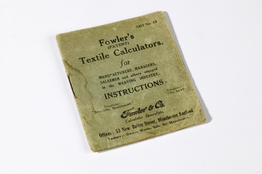 One of two instruction booklets for a textile calculator made