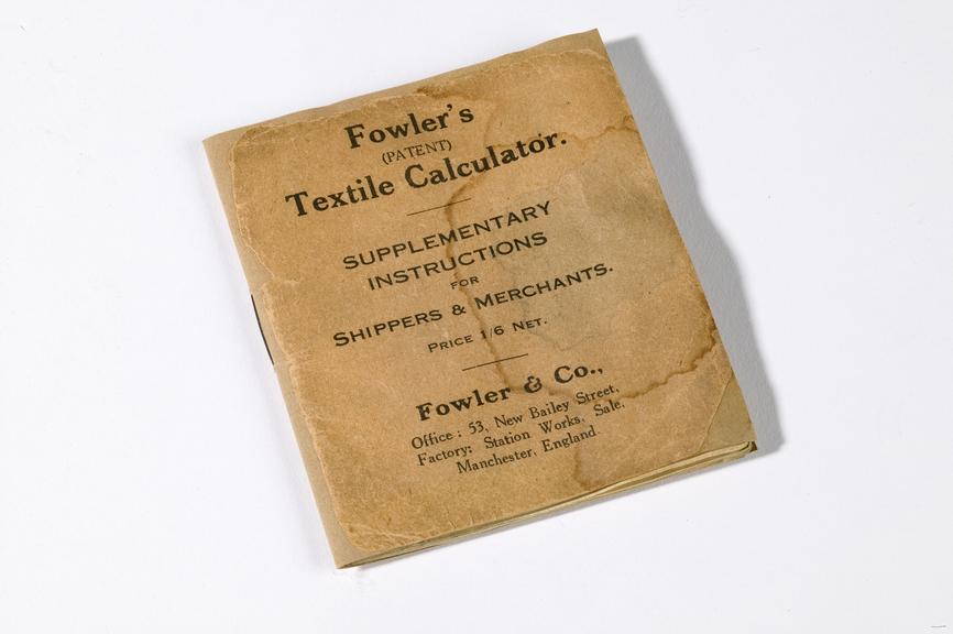 One of two instruction booklets for a textile calculator made