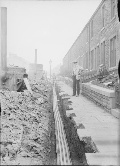 Works photographic negative of cables in troughing, Accrington