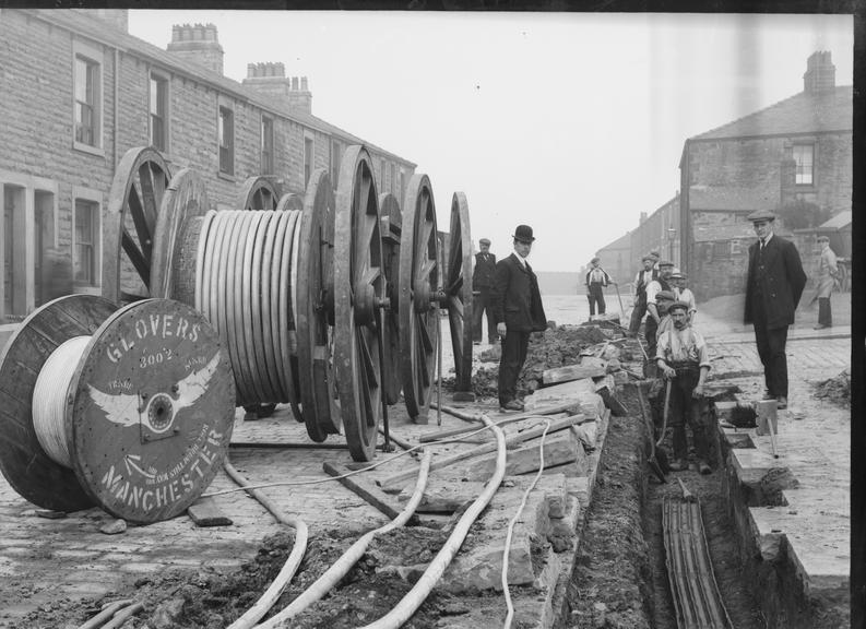 Works photographic negative of trench with troughing, Accrington