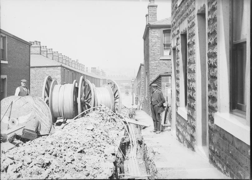 Works photographic negative of cable laying, Accrington