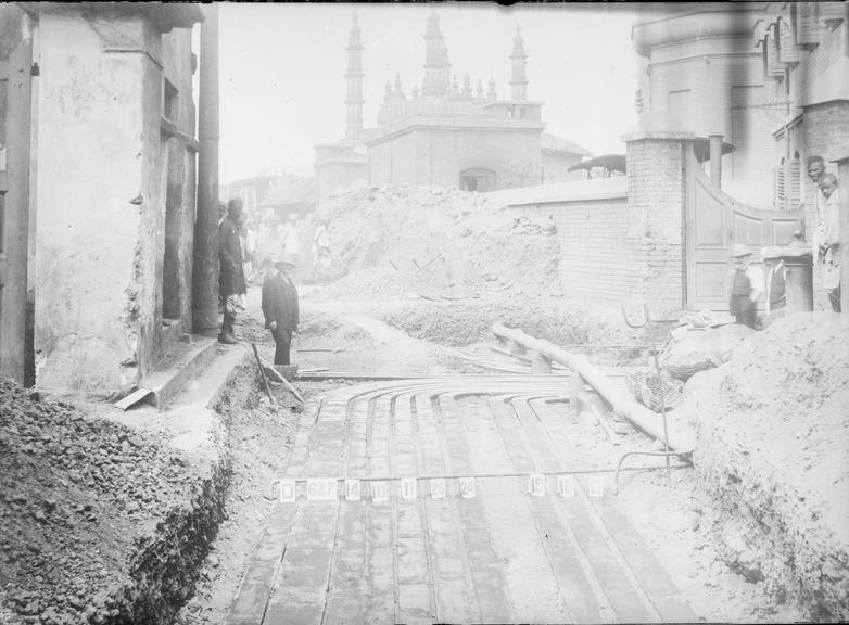 Works photographic negative of trench with troughing