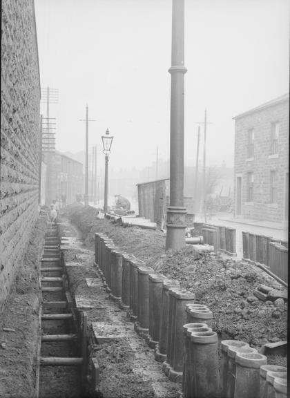 Works photographic negative of buttressed trench, Rawtenstall