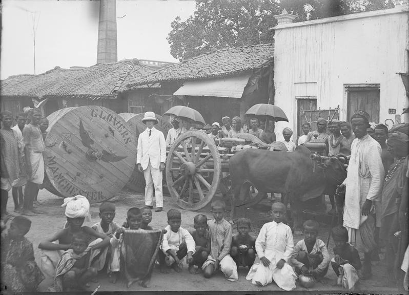 Works photographic negative of cable drums with locals