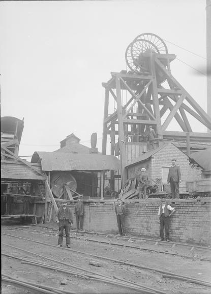 Works photographic negative of men at pithead, unknown colliery