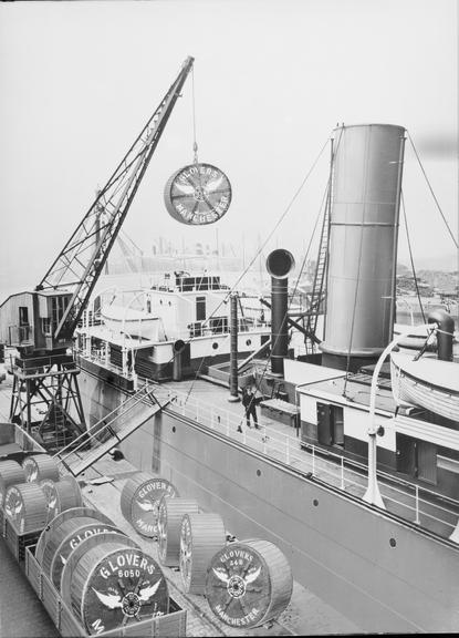 Works photographic negative of cable drum on crane