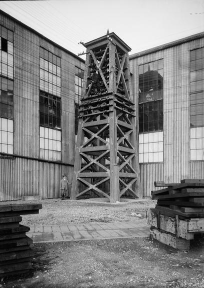 Works photographic negative of overhead lines on wooden tower