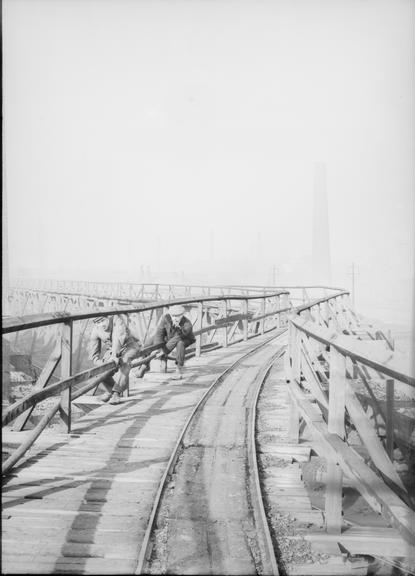 Works photographic negative of tramway gantry