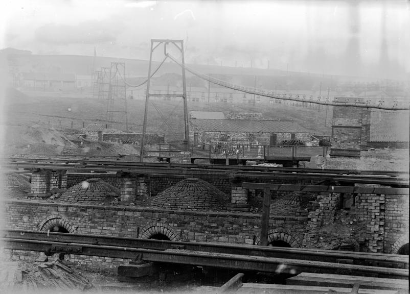 Works photographic negative of cable slung from gantries