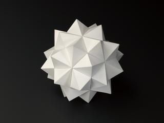 Set of 70 polyhedron models showing the icosahedron and its 58 stellations