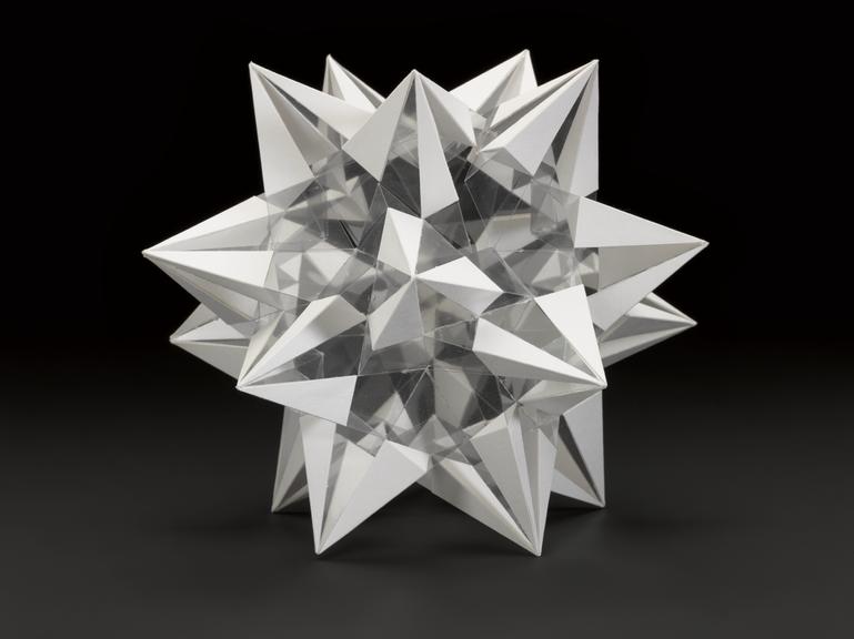 Polyhedron model showing the icosahedron and one of its 58 stellations