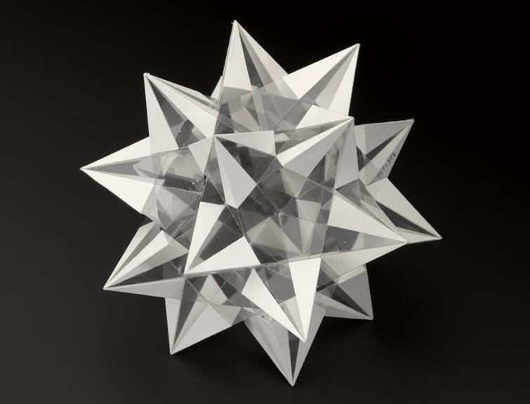 Polyhedron model showing the icosahedron and one of its 58 stellations