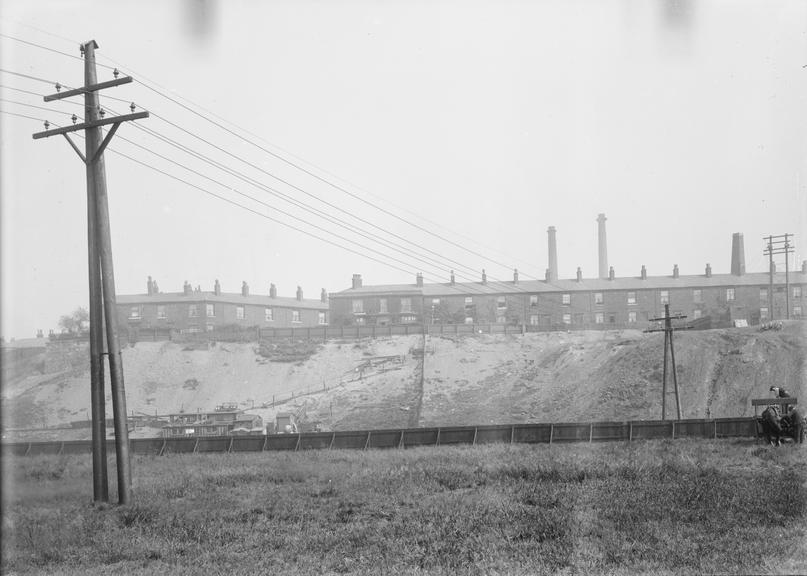 Works photographic negative of overhead cables and columns