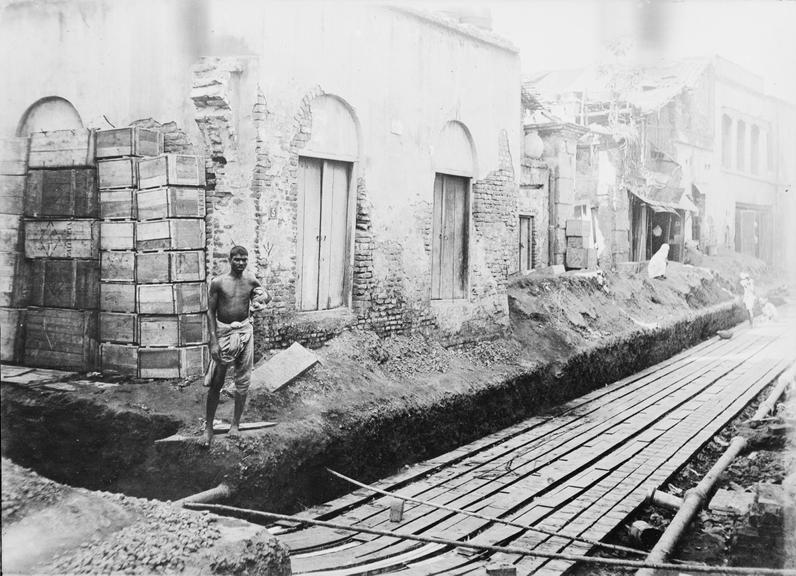 Works photographic negative of trench with cable troughs