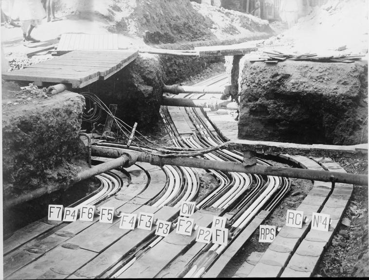 Works photographic negative of labelled cable troughs