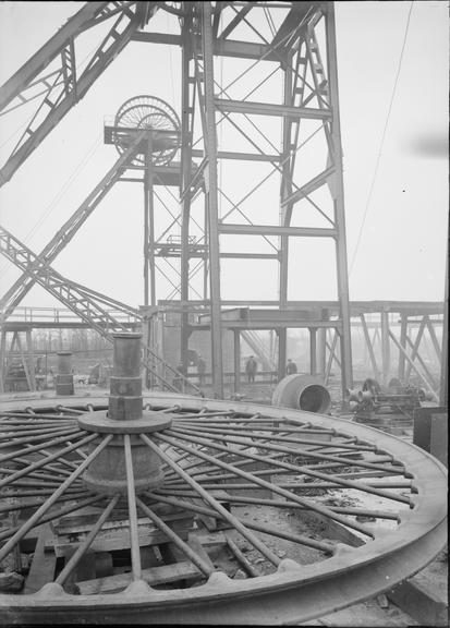 Works photographic negative of pit head pulley, Hulton Colliery