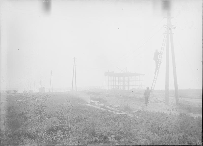 Works photographic negative of overhead transmission line