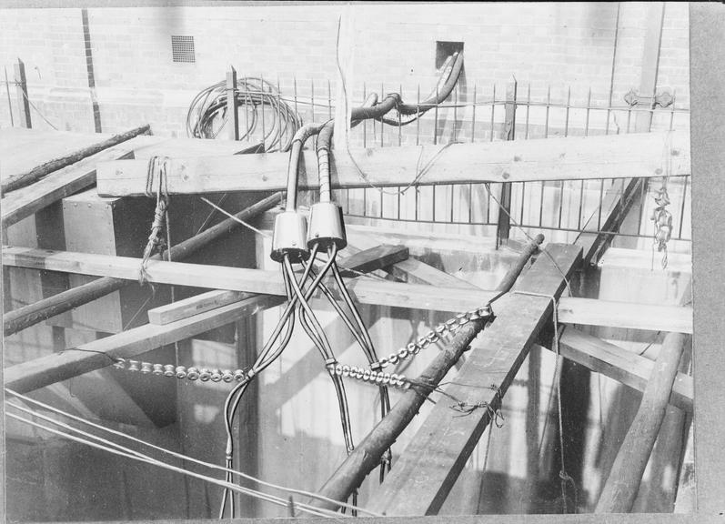 Works photographic negative of cables going into pit, Sheffield