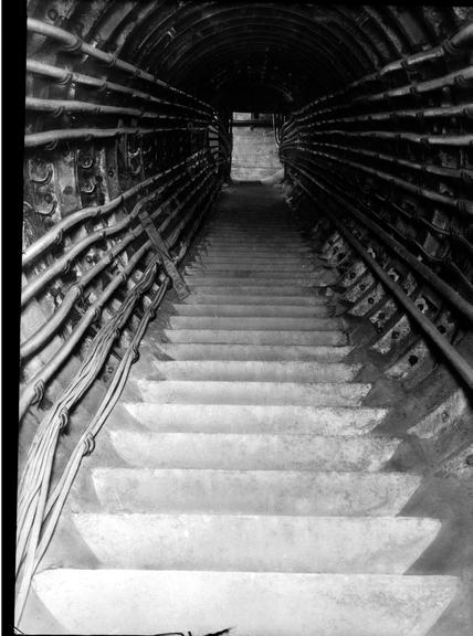 Works photographic negative of cables along stairway, Balham