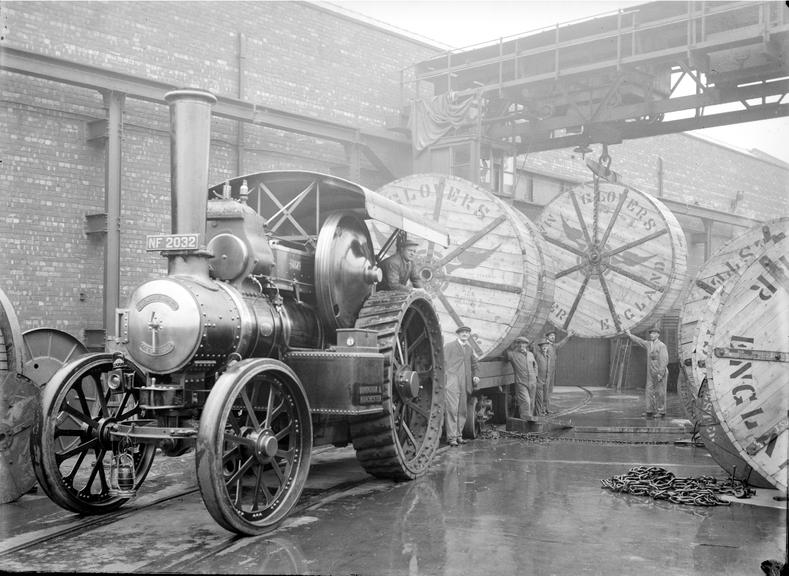 Works photographic negative of traction engine with cable drums