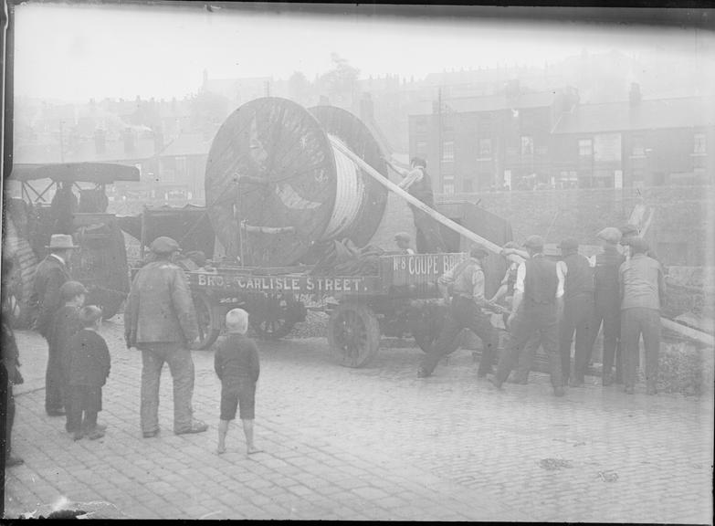 Works photographic negative of cable drum on trailer, Sheffield