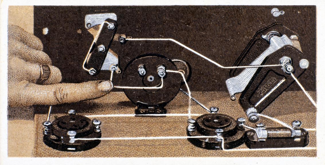 ‘Reaction Condenser Connections (Contd.)’, Cigarette card from ‘How to build a two valve set’, card no.16