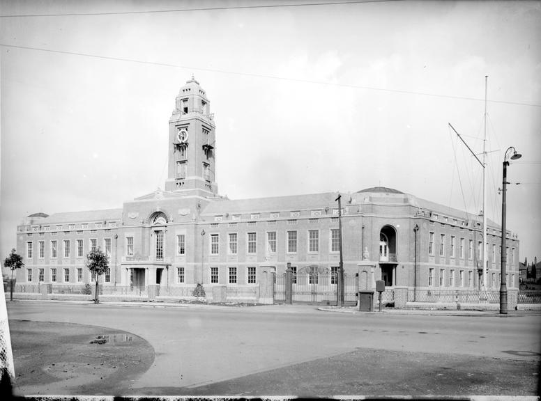 Works photographic negative of Stretford Town Hall, Talbot Road